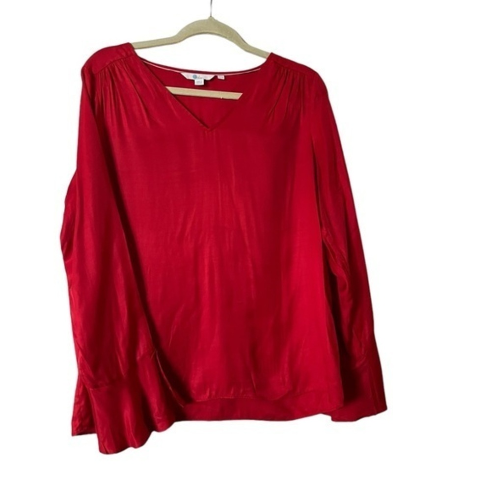 Boden Lucie Red Viscose & Silk Long Sleeve Ruffle Cuff V-Neck Popover Blouse, 14